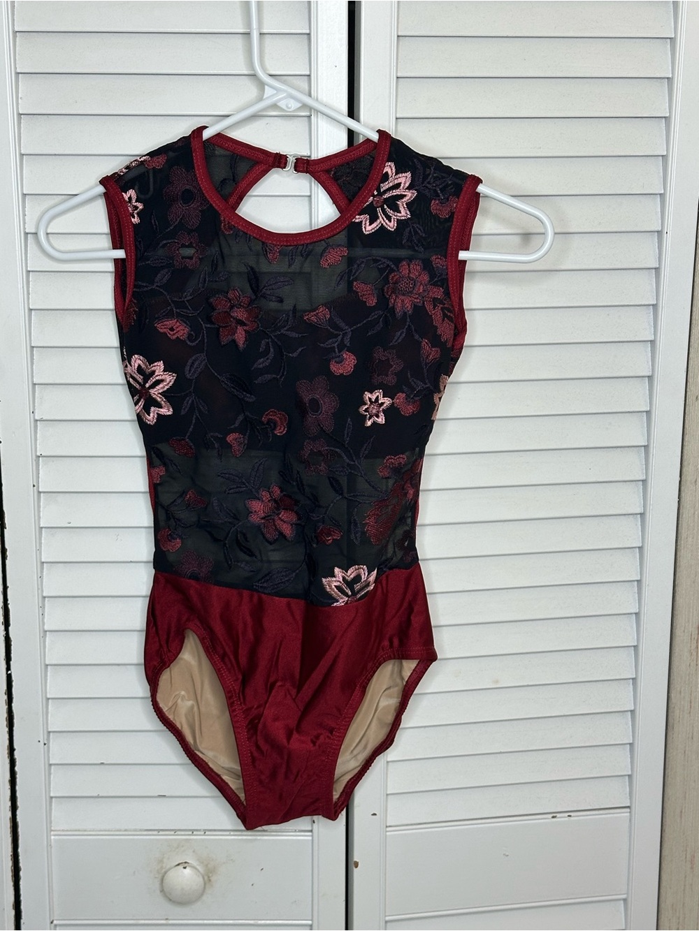 Girls' Burgundy Floral Mesh One-Piece Bodysuit